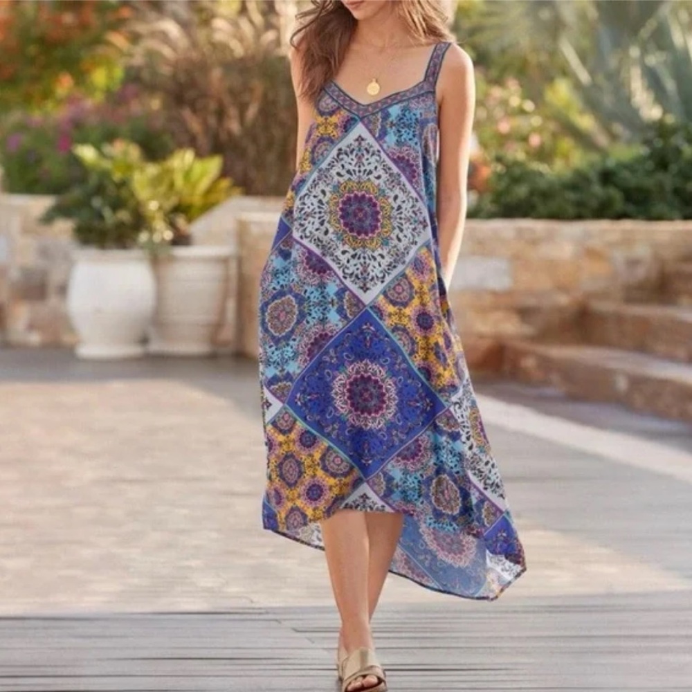 Sundance Triya Sleeveless Midi Dress XS Boho Western Tapestry Patchwork Print